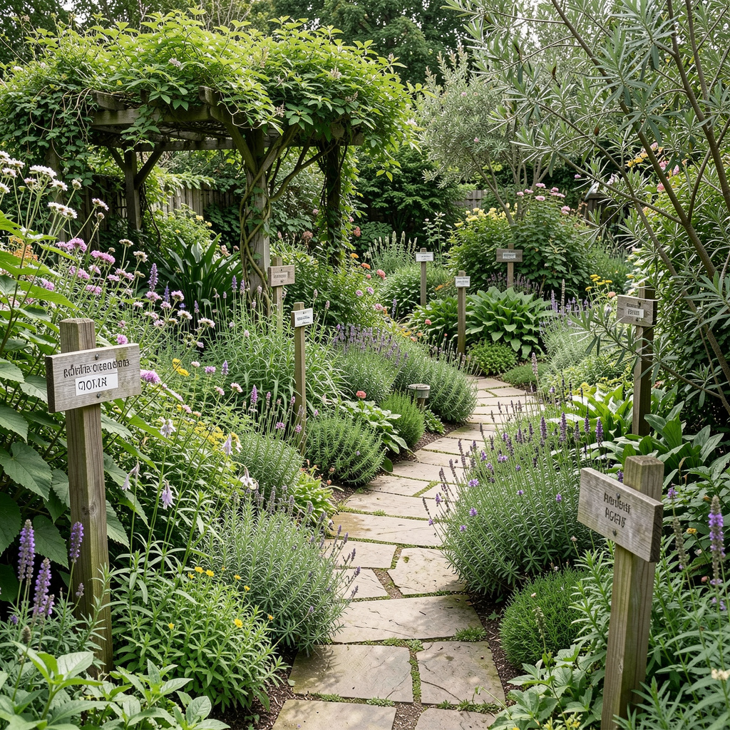 Lush botanical garden with medicinal herbs and plants