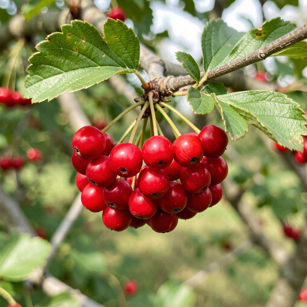 Fresh red hawthorn berries on branch